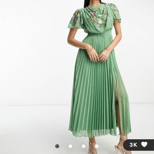 ASOS pale sage pleated textured cowl front embroidered maxi dress